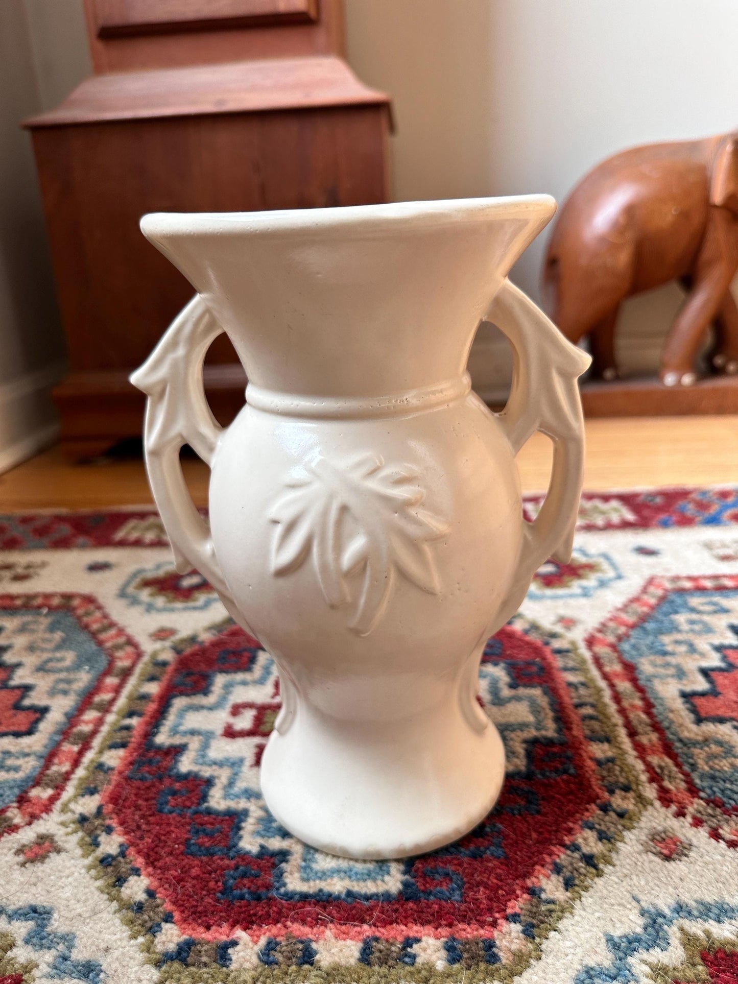 Vintage 1940s McCoy Double Handled Vase | Cream Embossed Leaf Pottery