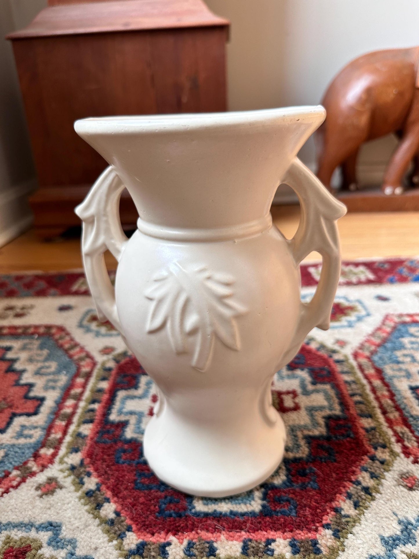 Vintage 1940s McCoy Double Handled Vase | Cream Embossed Leaf Pottery