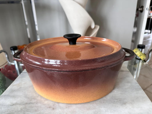 Vintage French Enameled Cast Iron Dutch Oven – Rustic Light Brown Casserole Dish Made France