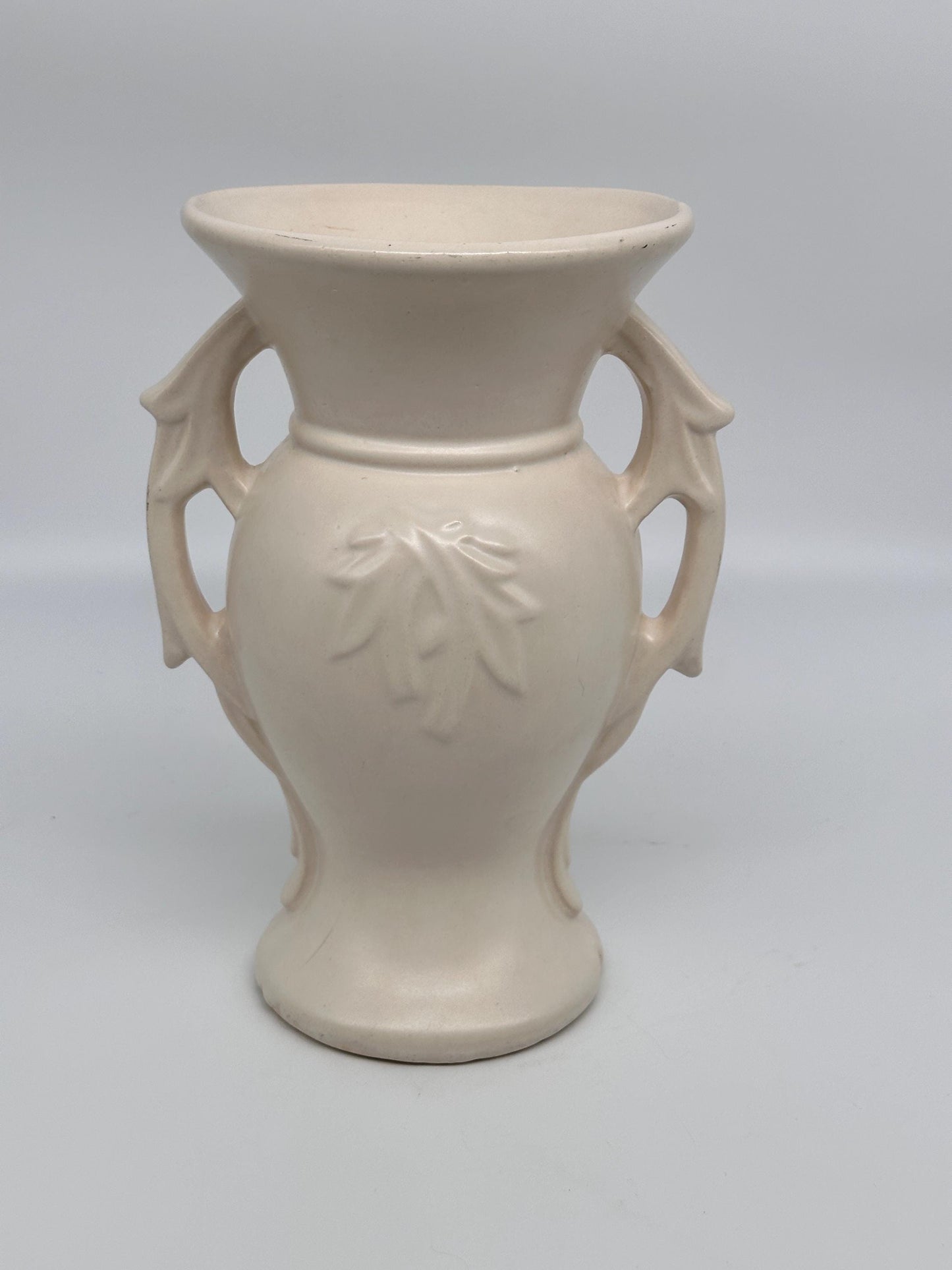 Vintage 1940s McCoy Double Handled Vase | Cream Embossed Leaf Pottery