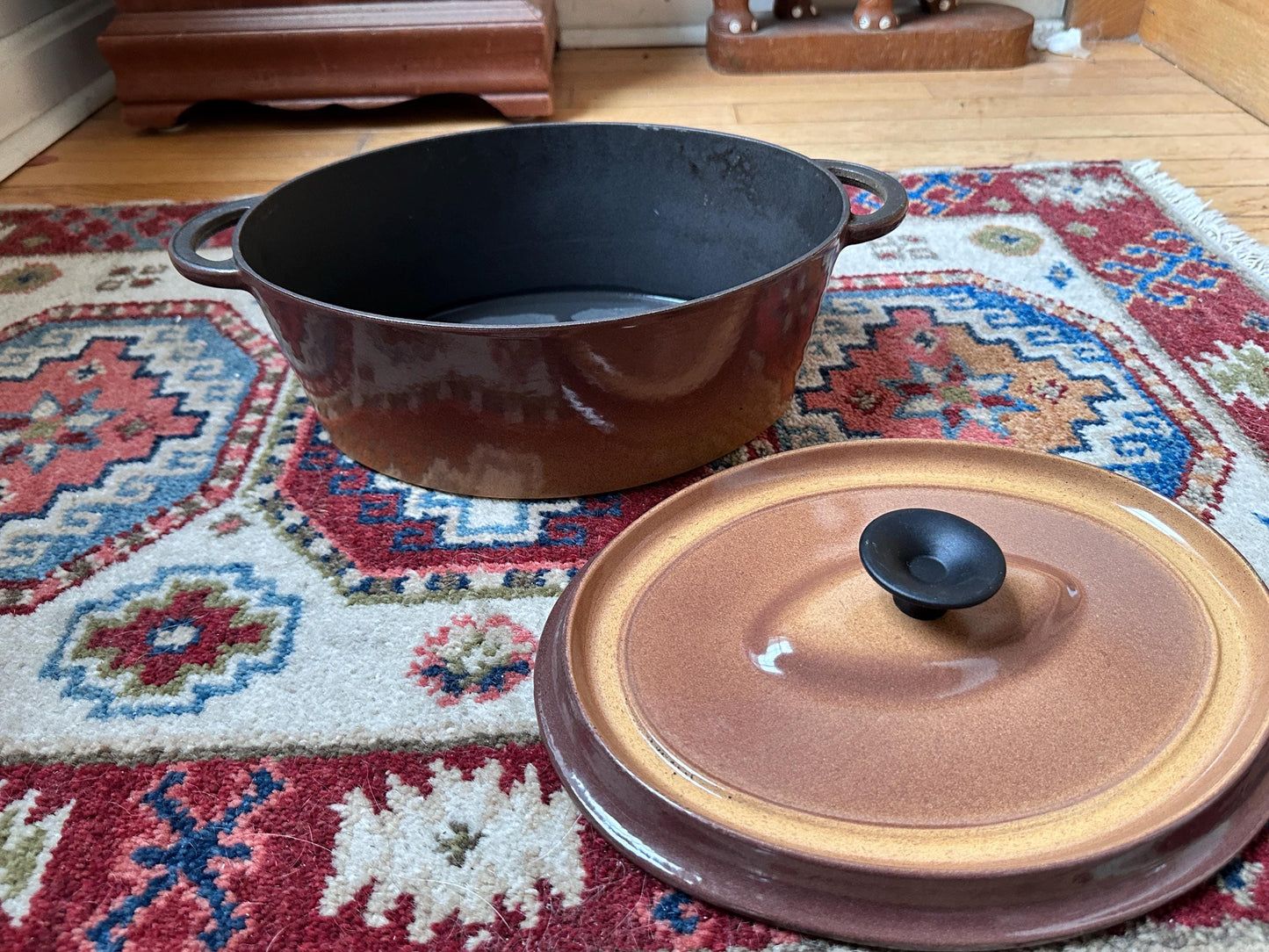 Vintage French Enameled Cast Iron Dutch Oven – Rustic Light Brown Casserole Dish Made France