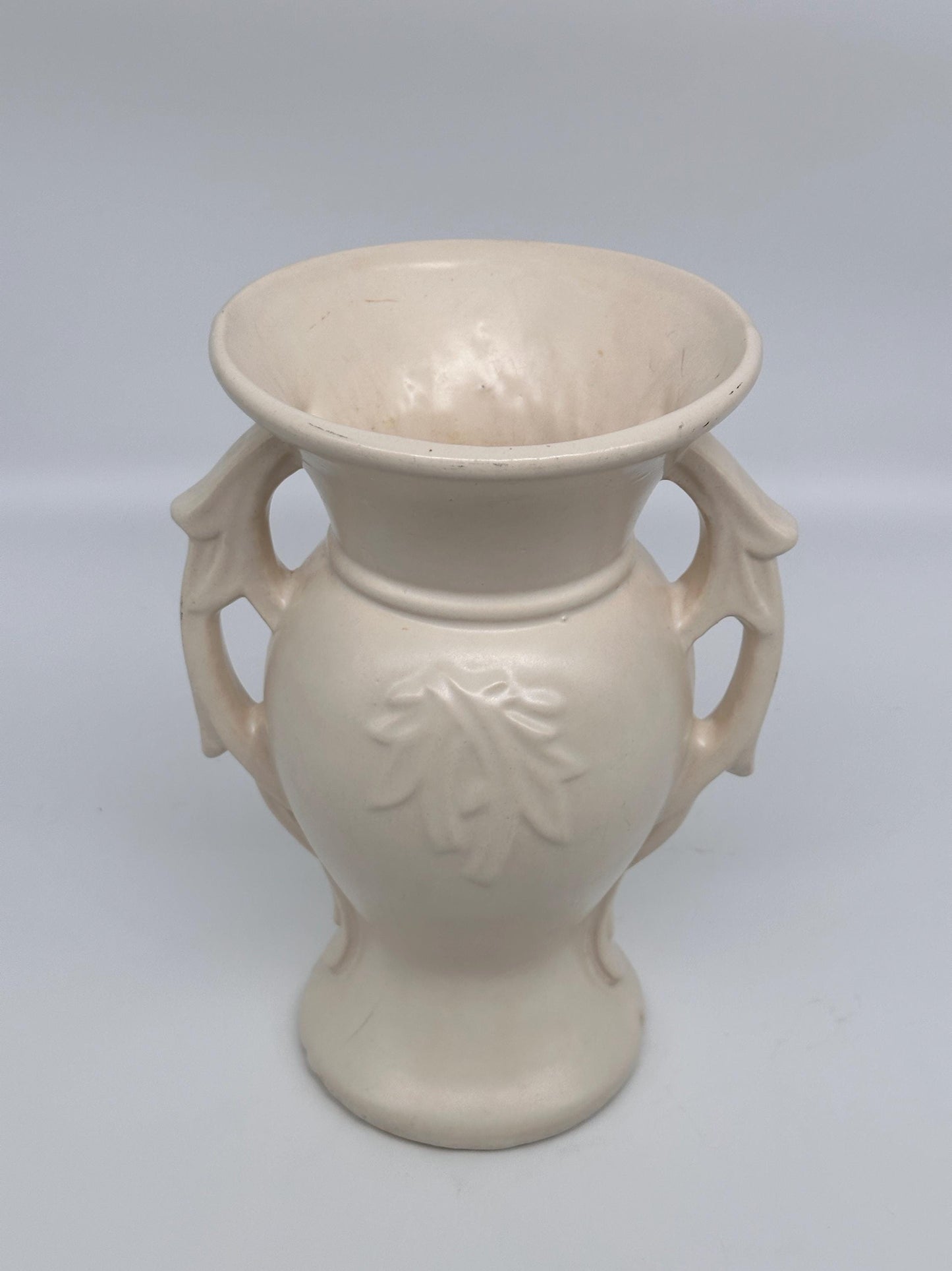 Vintage 1940s McCoy Double Handled Vase | Cream Embossed Leaf Pottery