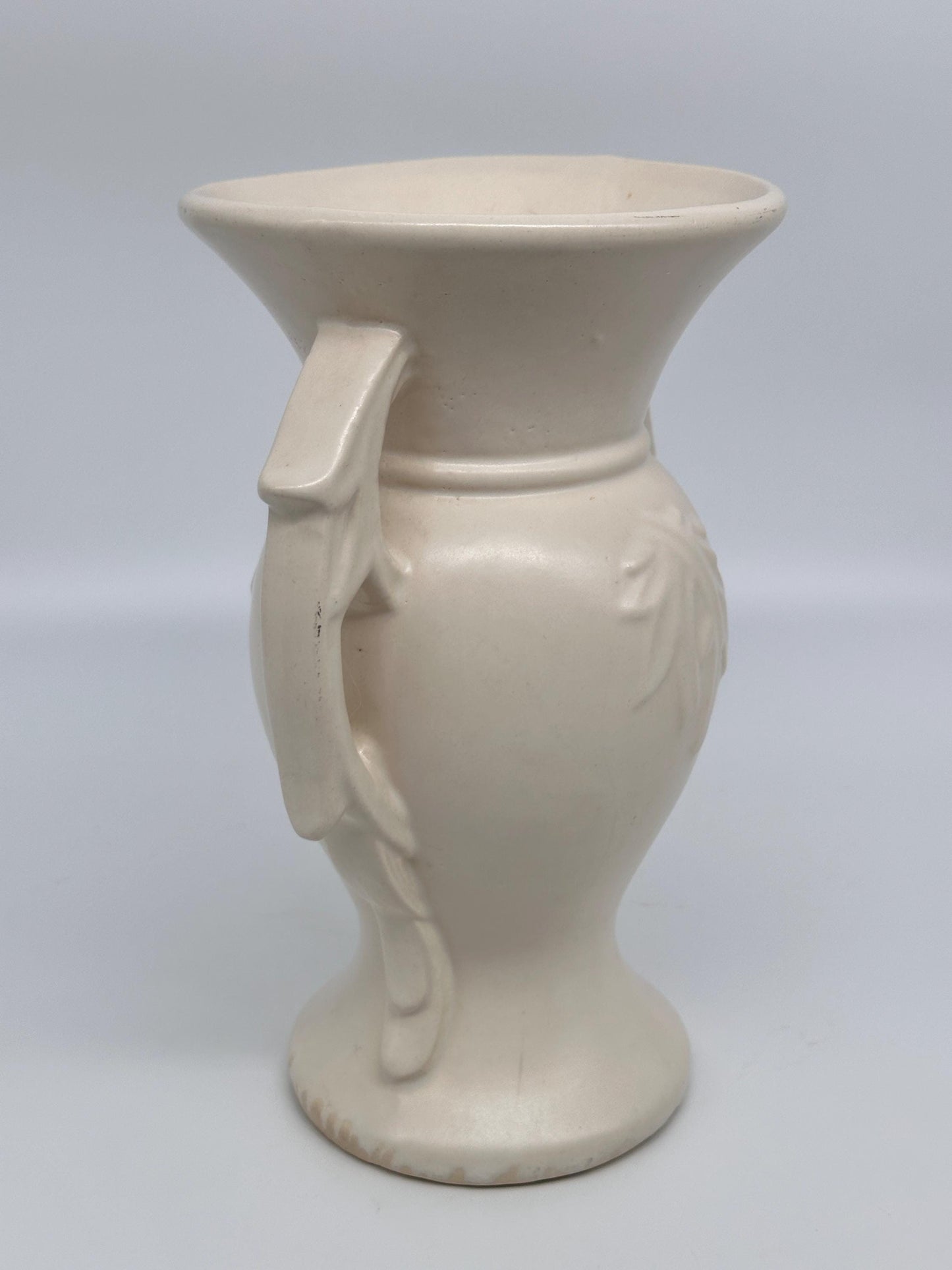 Vintage 1940s McCoy Double Handled Vase | Cream Embossed Leaf Pottery