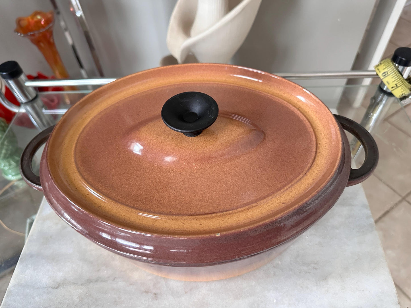 Vintage French Enameled Cast Iron Dutch Oven – Rustic Light Brown Casserole Dish Made France