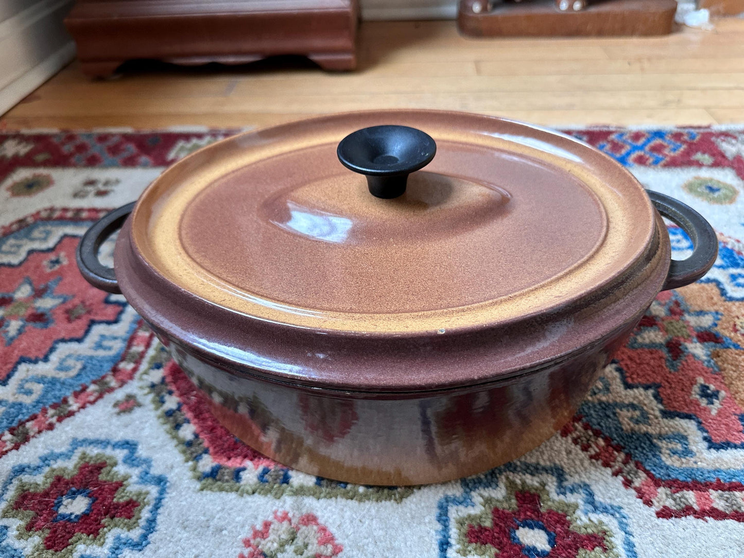 Vintage French Enameled Cast Iron Dutch Oven – Rustic Light Brown Casserole Dish Made France