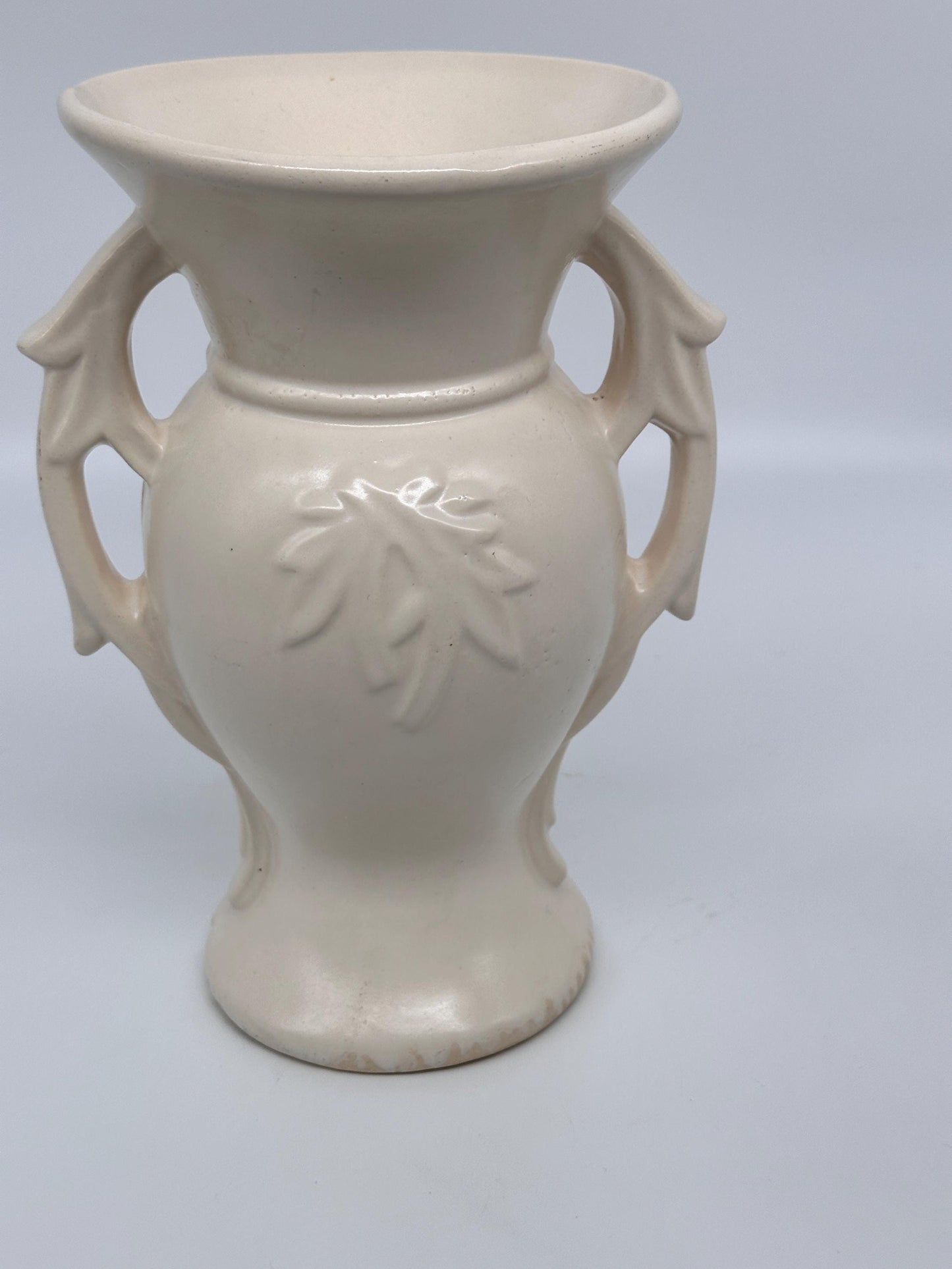 Vintage 1940s McCoy Double Handled Vase | Cream Embossed Leaf Pottery