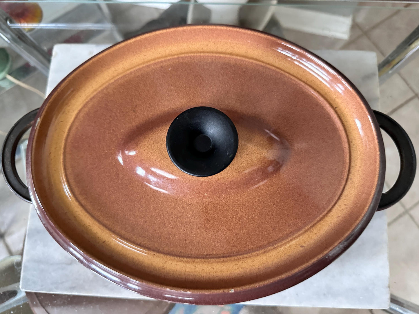 Vintage French Enameled Cast Iron Dutch Oven – Rustic Light Brown Casserole Dish Made France