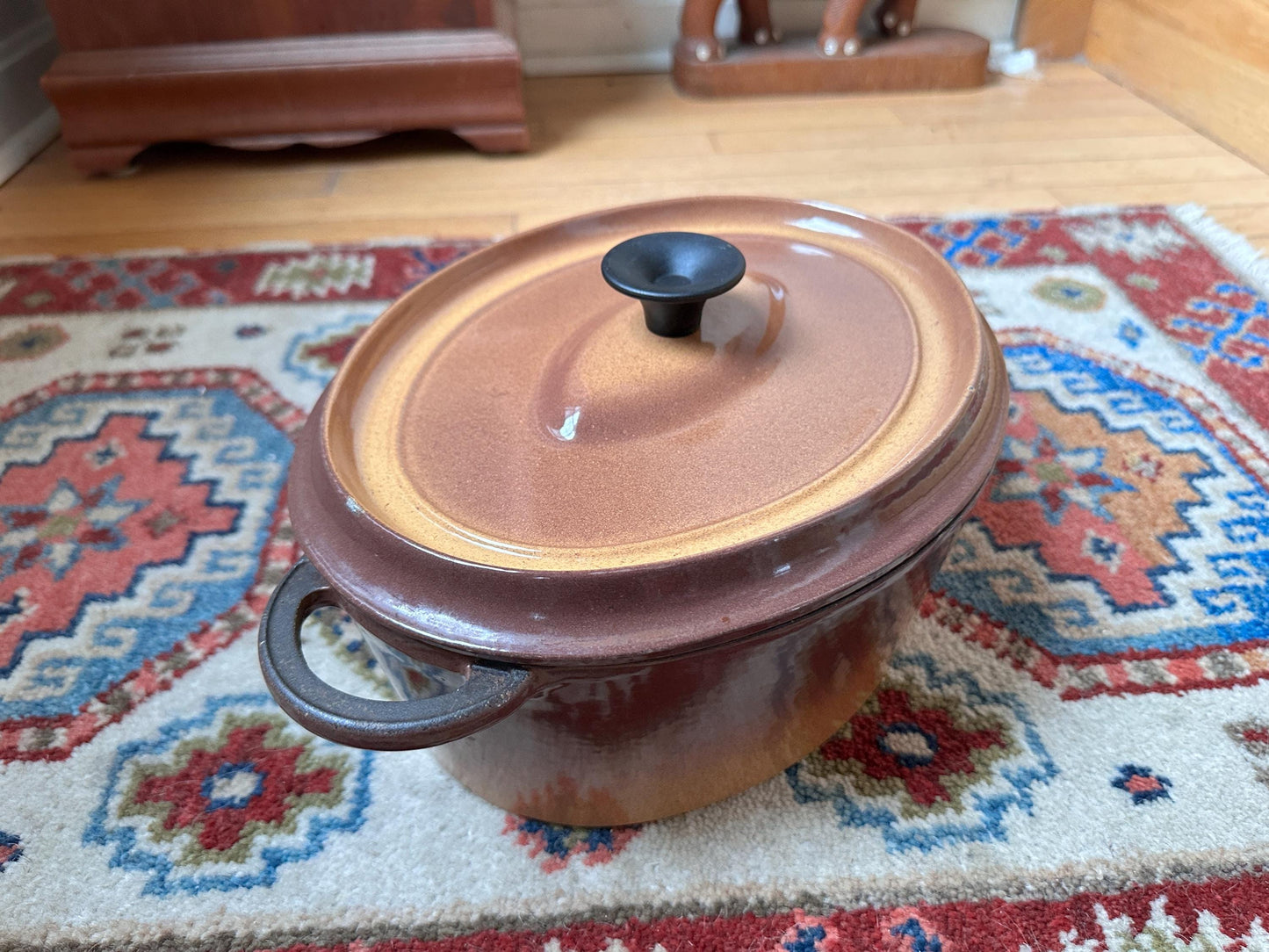Vintage French Enameled Cast Iron Dutch Oven – Rustic Light Brown Casserole Dish Made France