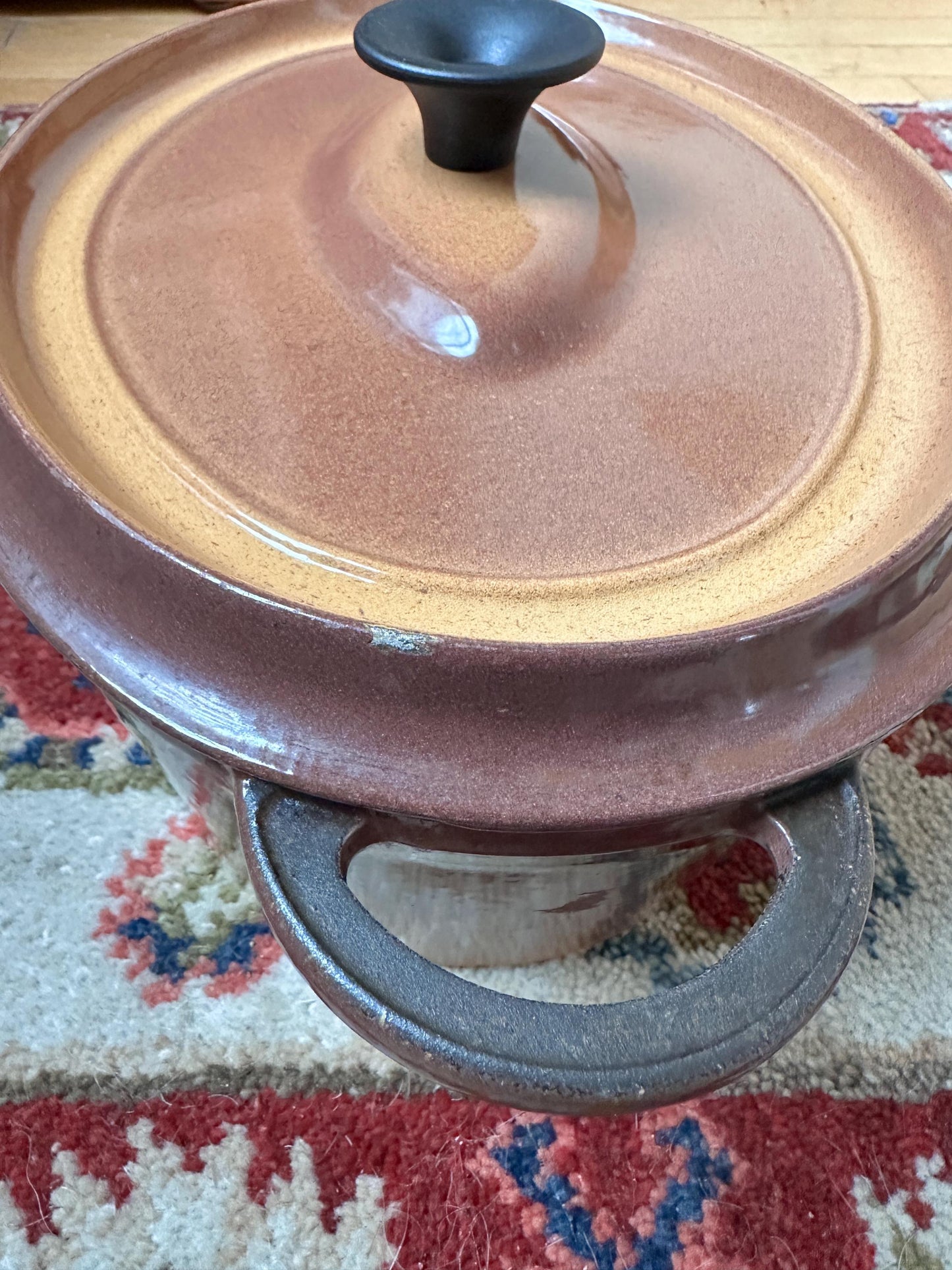 Vintage French Enameled Cast Iron Dutch Oven – Rustic Light Brown Casserole Dish Made France