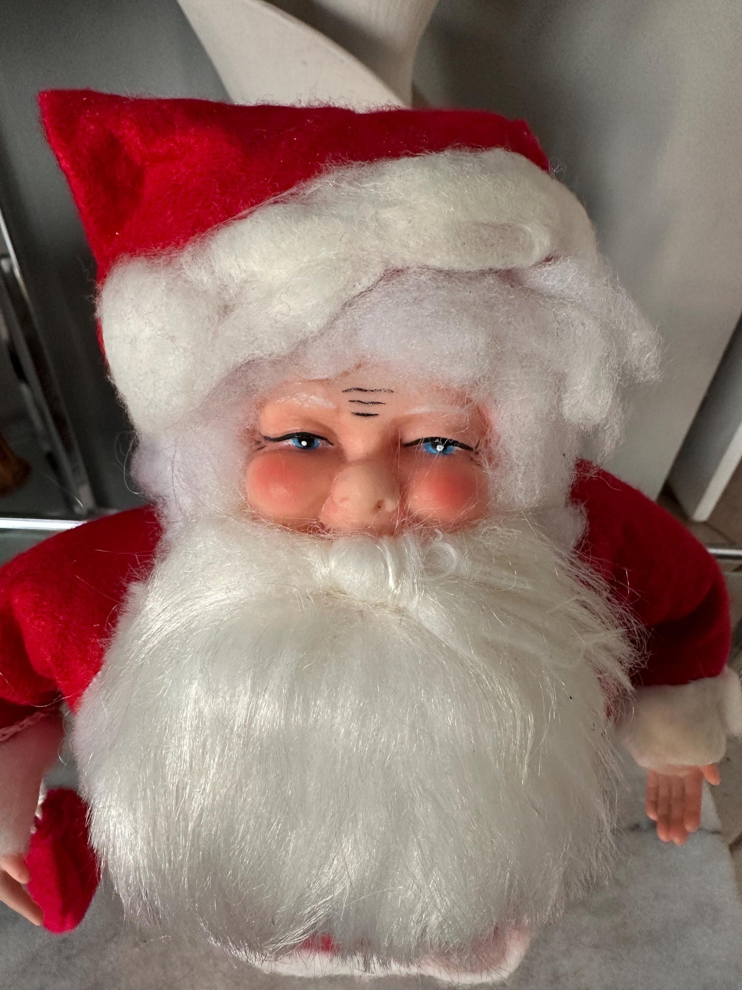 Vintage 1970s Hand Crafted Santa Doll: Rubber Face, Blue Eyes, 13" Collectible