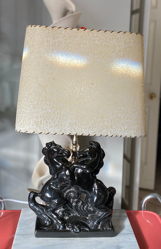 Vintage 2 Stallions Fighting, Black Ceramic Lamp, Laced Fiberglass Shade, Mid Century Lighting
