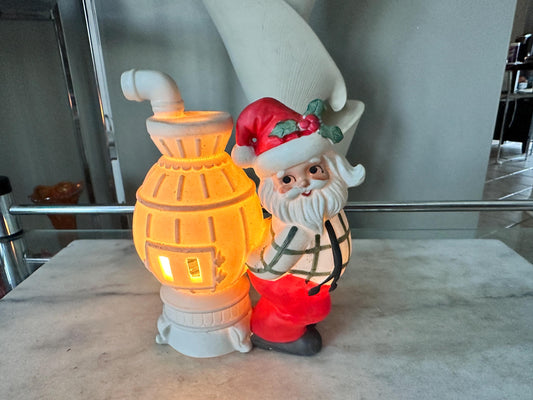 Vintage 1980s Lefton Christmas Santa by Pot-Bellied Stove Figurine | Holiday Decor