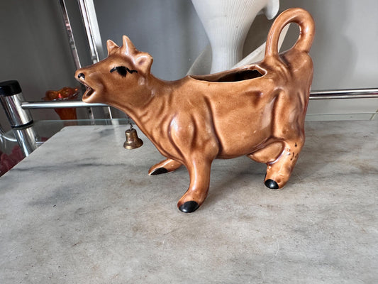 Vintage Brown Cow Creamer Pitcher with Metal Bell | Farmhouse Ceramic Kitchen Collectible