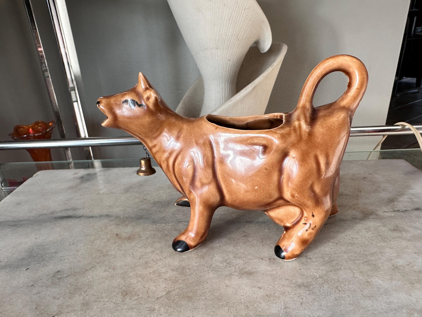 Vintage Brown Cow Creamer Pitcher with Metal Bell | Farmhouse Ceramic Kitchen Collectible