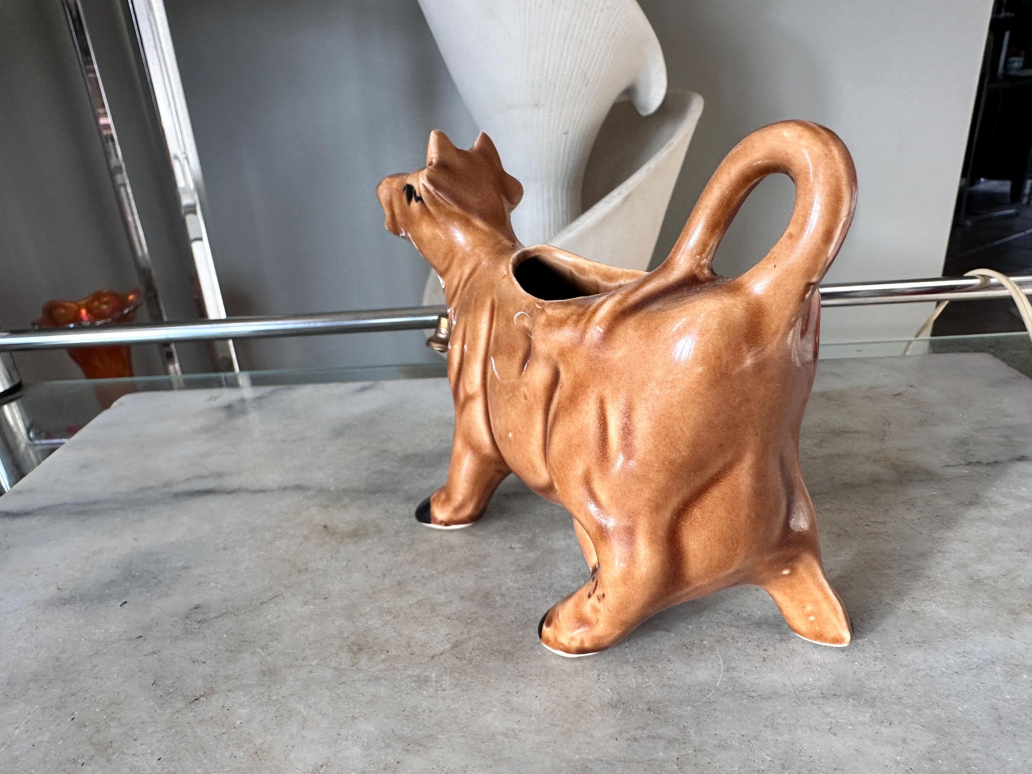 Vintage Brown Cow Creamer Pitcher with Metal Bell | Farmhouse Ceramic Kitchen Collectible