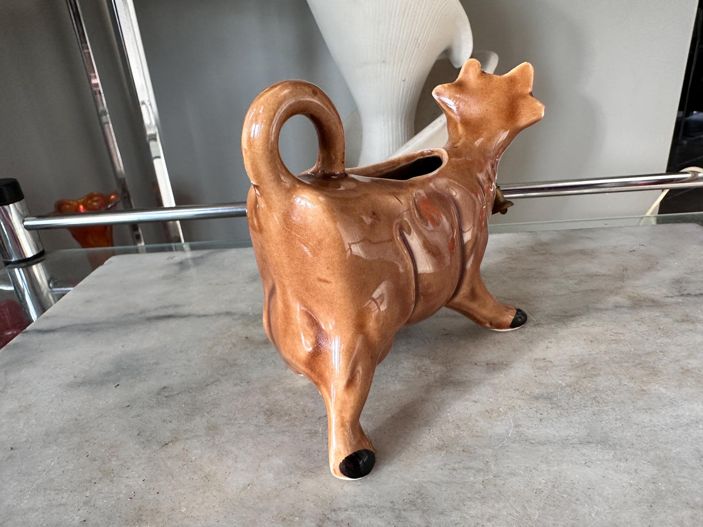 Vintage Brown Cow Creamer Pitcher with Metal Bell | Farmhouse Ceramic Kitchen Collectible