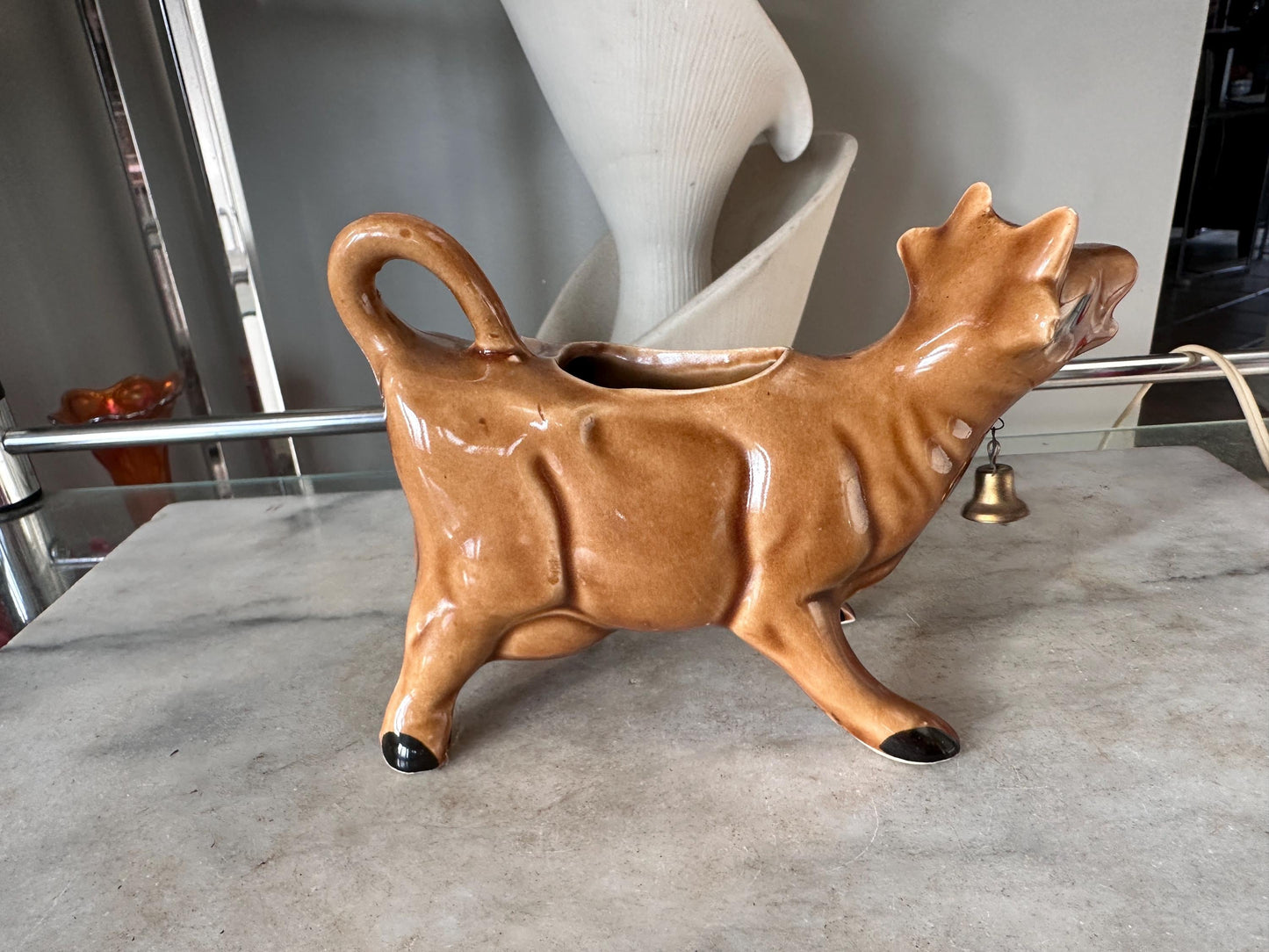 Vintage Brown Cow Creamer Pitcher with Metal Bell | Farmhouse Ceramic Kitchen Collectible