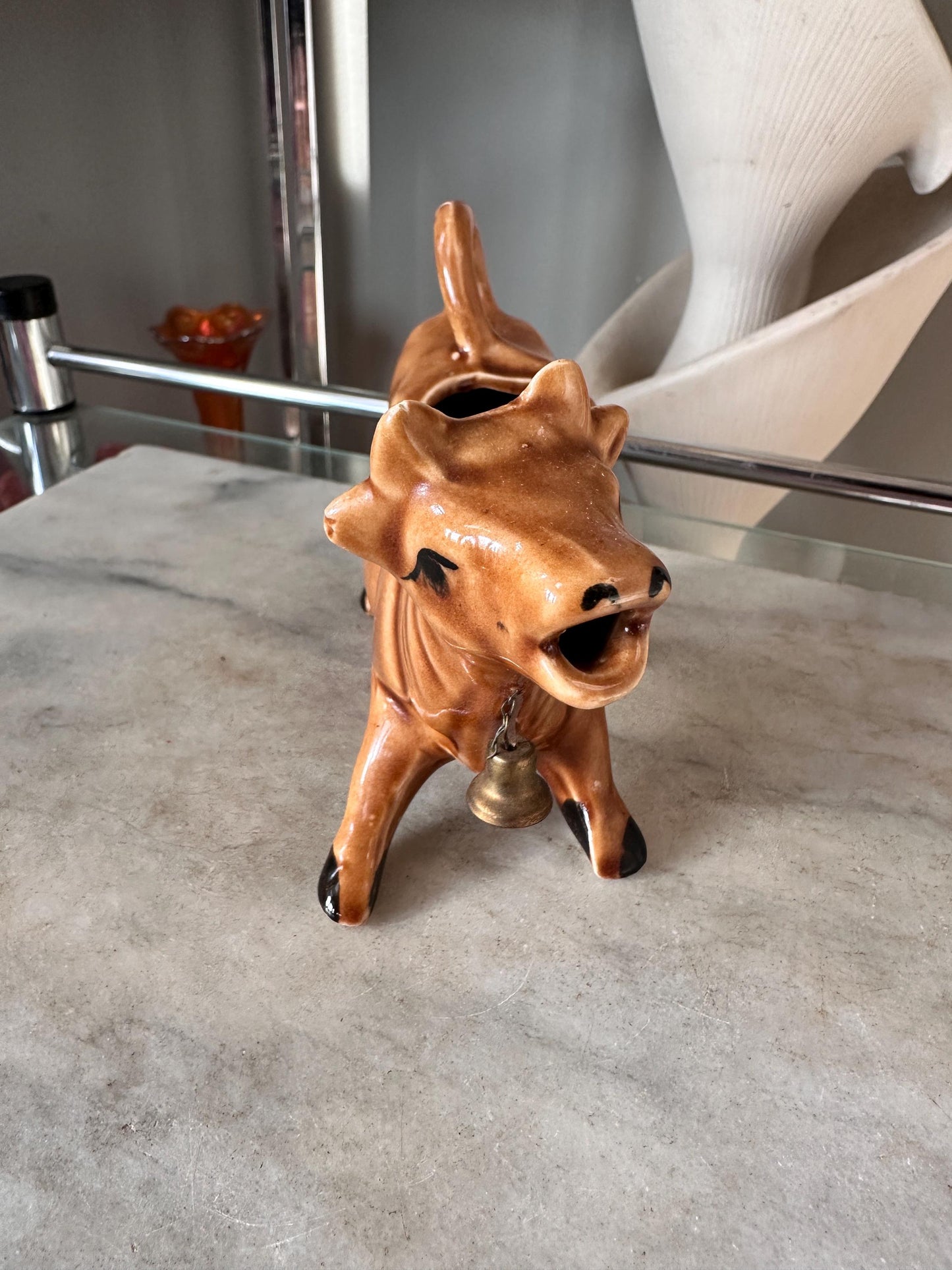 Vintage Brown Cow Creamer Pitcher with Metal Bell | Farmhouse Ceramic Kitchen Collectible