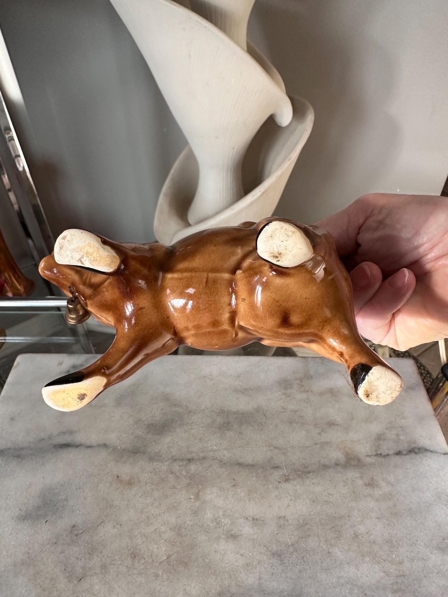 Vintage Brown Cow Creamer Pitcher with Metal Bell | Farmhouse Ceramic Kitchen Collectible