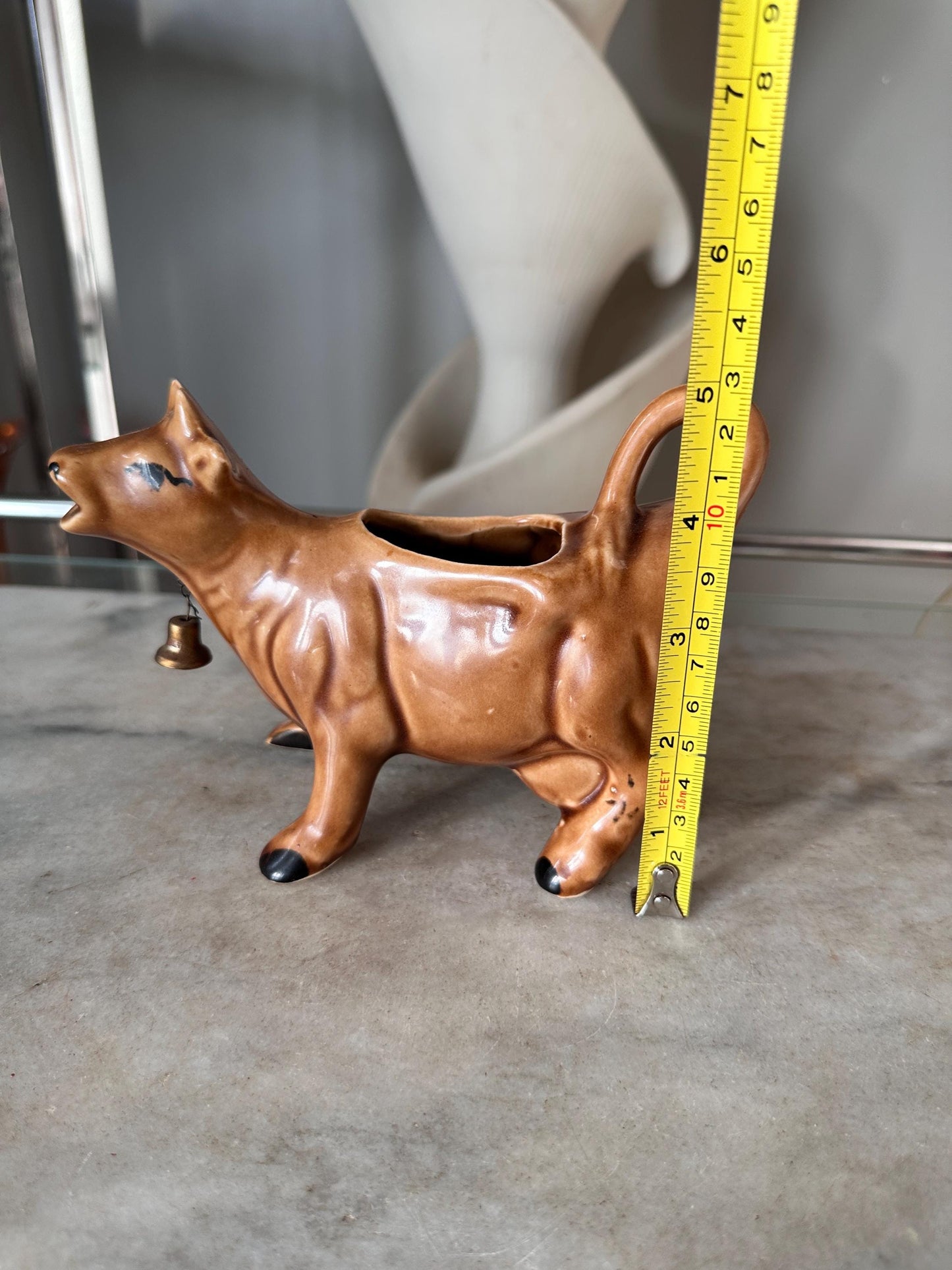 Vintage Brown Cow Creamer Pitcher with Metal Bell | Farmhouse Ceramic Kitchen Collectible