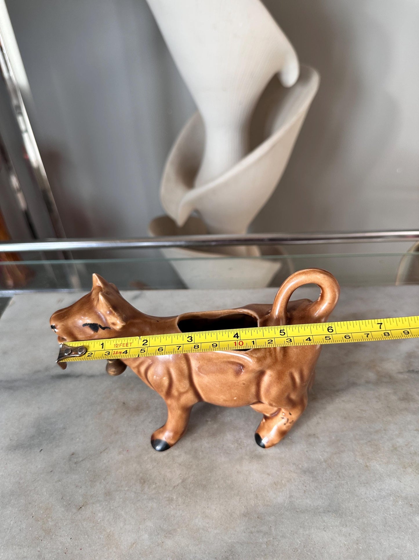 Vintage Brown Cow Creamer Pitcher with Metal Bell | Farmhouse Ceramic Kitchen Collectible