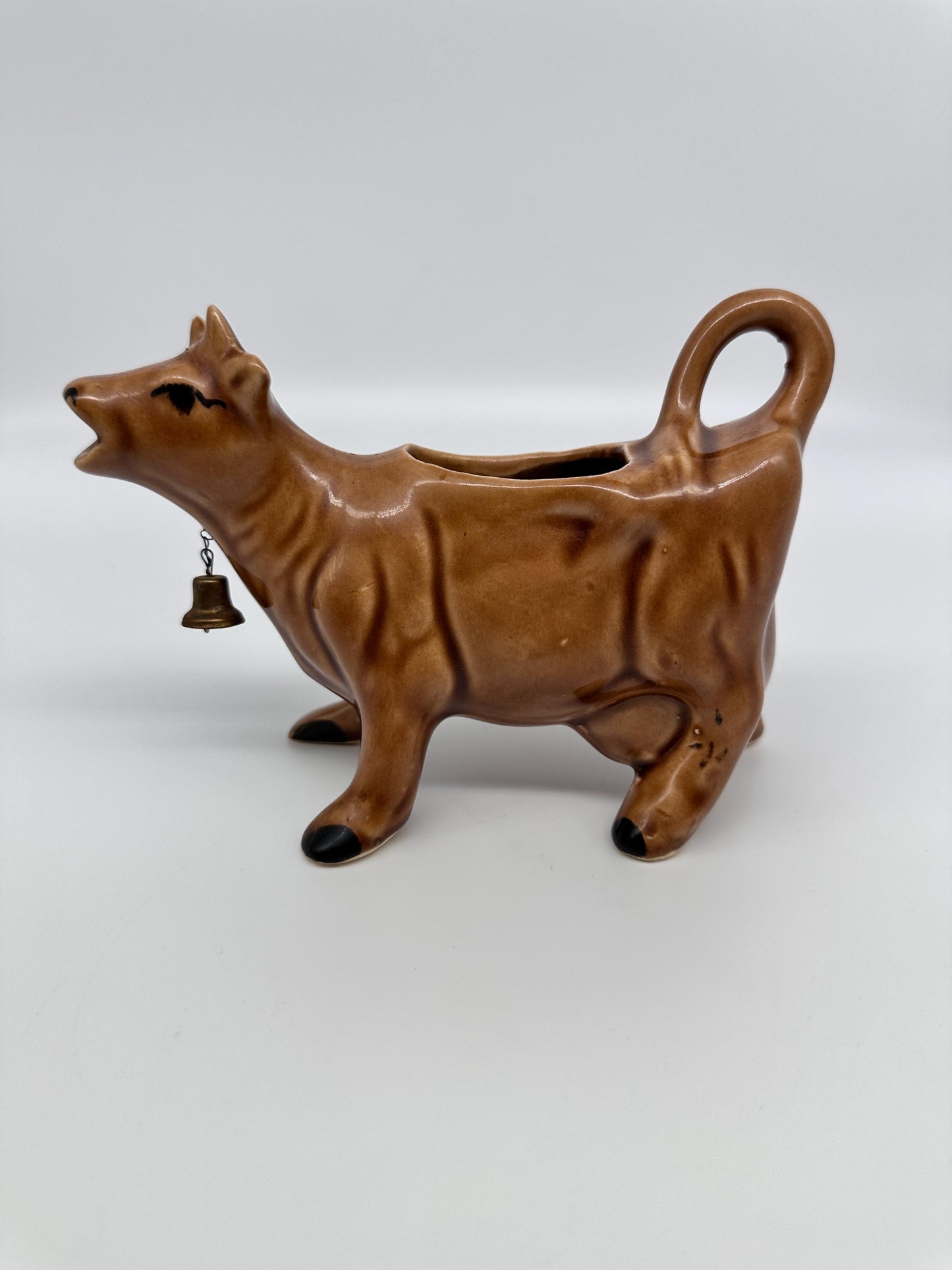 Vintage Brown Cow Creamer Pitcher with Metal Bell | Farmhouse Ceramic Kitchen Collectible