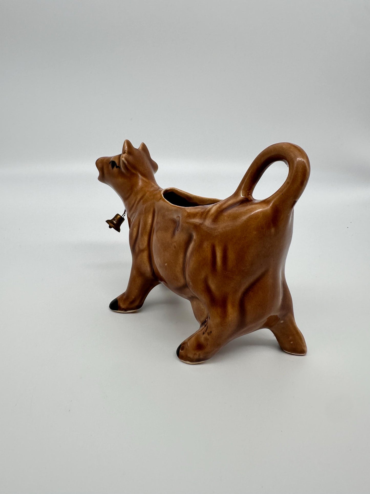 Vintage Brown Cow Creamer Pitcher with Metal Bell | Farmhouse Ceramic Kitchen Collectible