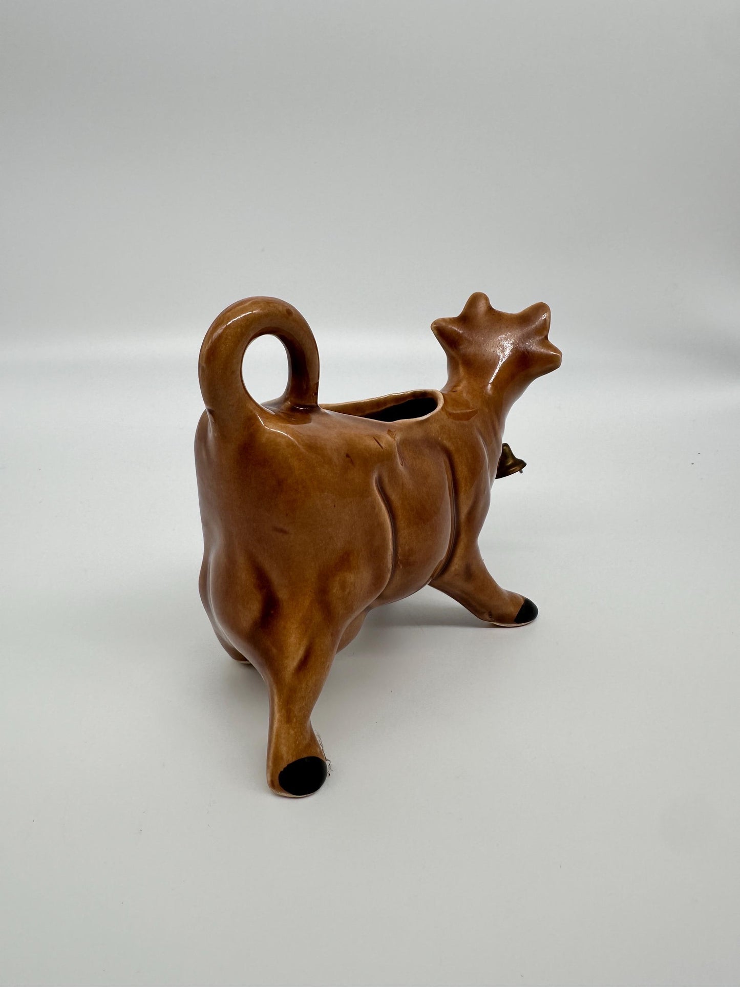 Vintage Brown Cow Creamer Pitcher with Metal Bell | Farmhouse Ceramic Kitchen Collectible
