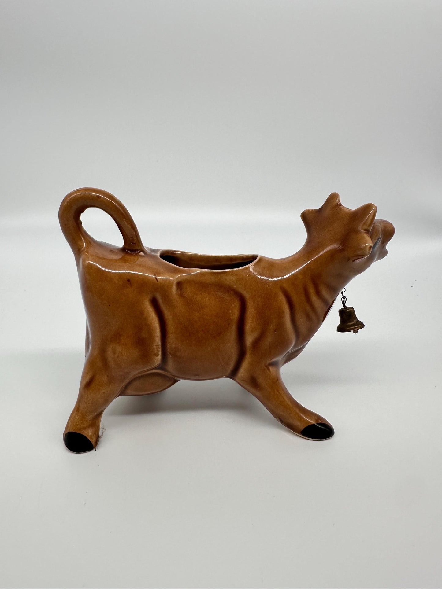 Vintage Brown Cow Creamer Pitcher with Metal Bell | Farmhouse Ceramic Kitchen Collectible