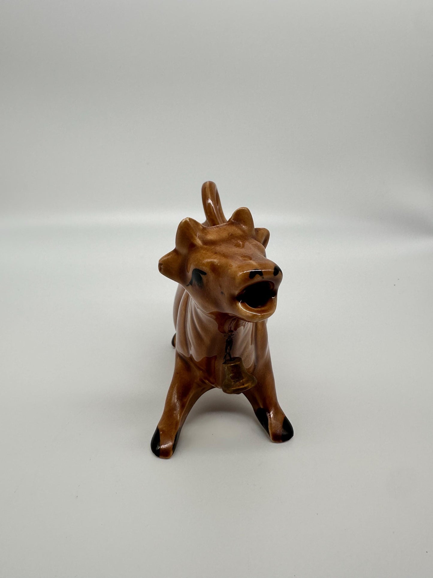 Vintage Brown Cow Creamer Pitcher with Metal Bell | Farmhouse Ceramic Kitchen Collectible