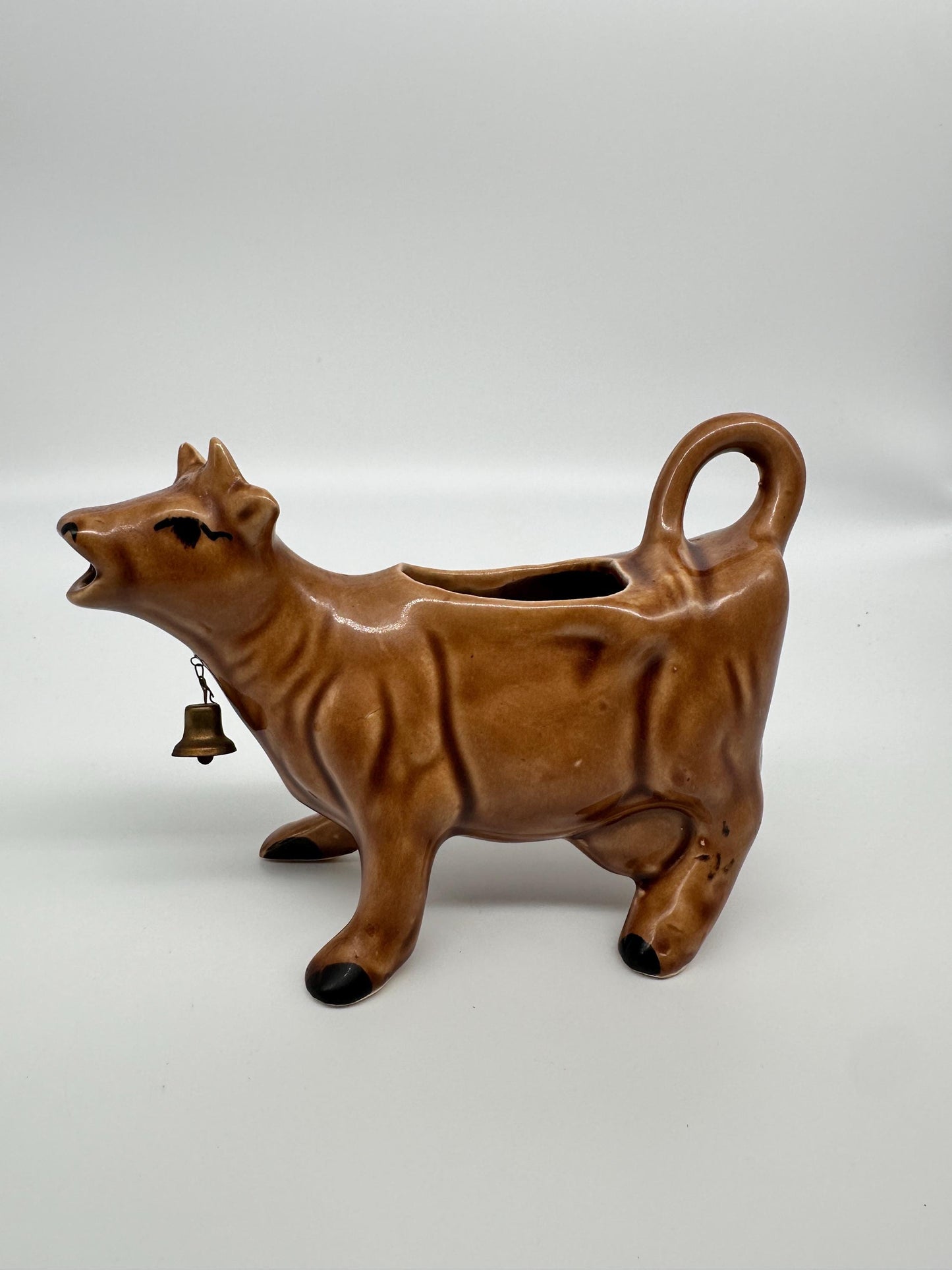 Vintage Brown Cow Creamer Pitcher with Metal Bell | Farmhouse Ceramic Kitchen Collectible