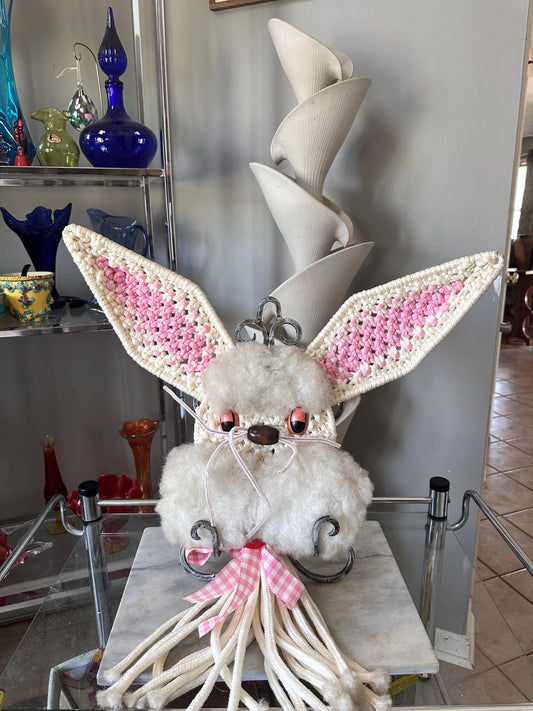 Large Vintage Macramé Bunny Wall Hanging, 27 Inch Boho Easter Door Decor