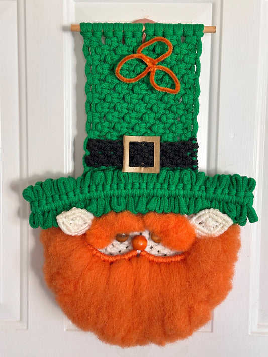 Vintage Macrame Leprechaun Wall Hanging, 1970s-1980s Kitschy Craft, St. Patrick's Day Decor