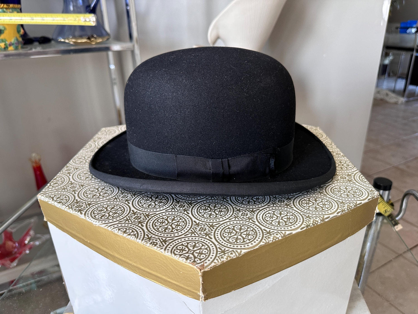 Antique Black Wool Felt Bowler Hat, David’s Inc. Harrisburg PA, Original Box