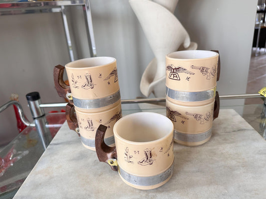 Vintage Siesta Ware Southwestern Milk Glass Mugs (Set of 5) – MCM Wooden Handle Kitchenalia