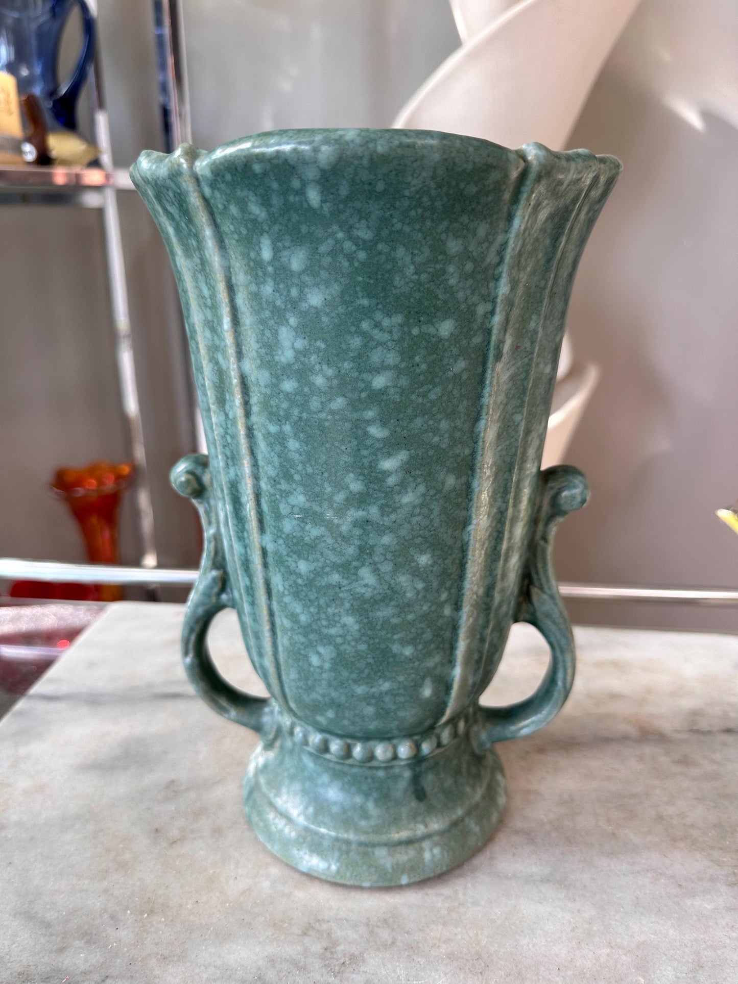 Vintage Robinson Ransbottom Victoria Green Marbled Vase – Art Deco Handled Pottery