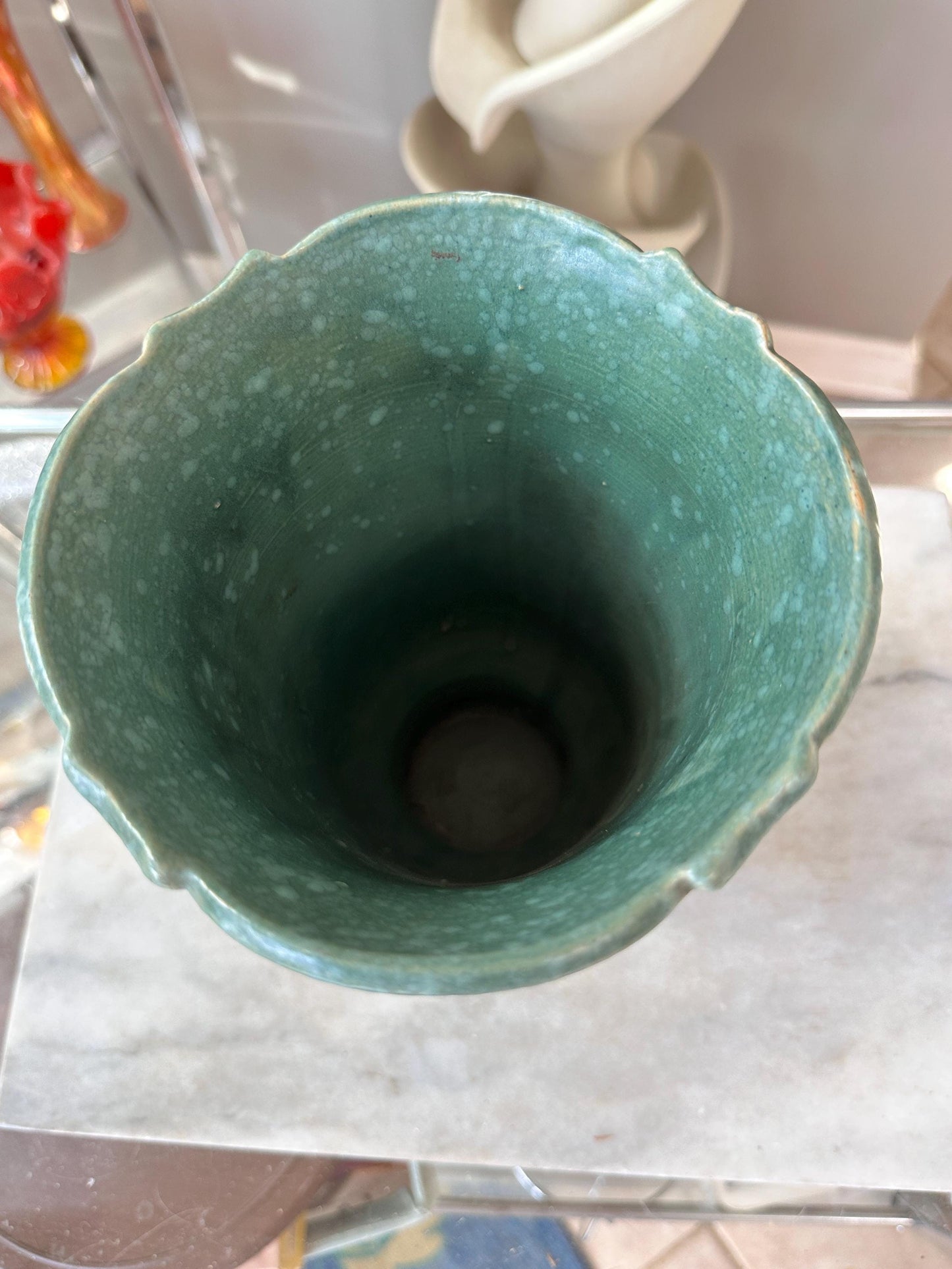 Vintage Robinson Ransbottom Victoria Green Marbled Vase – Art Deco Handled Pottery