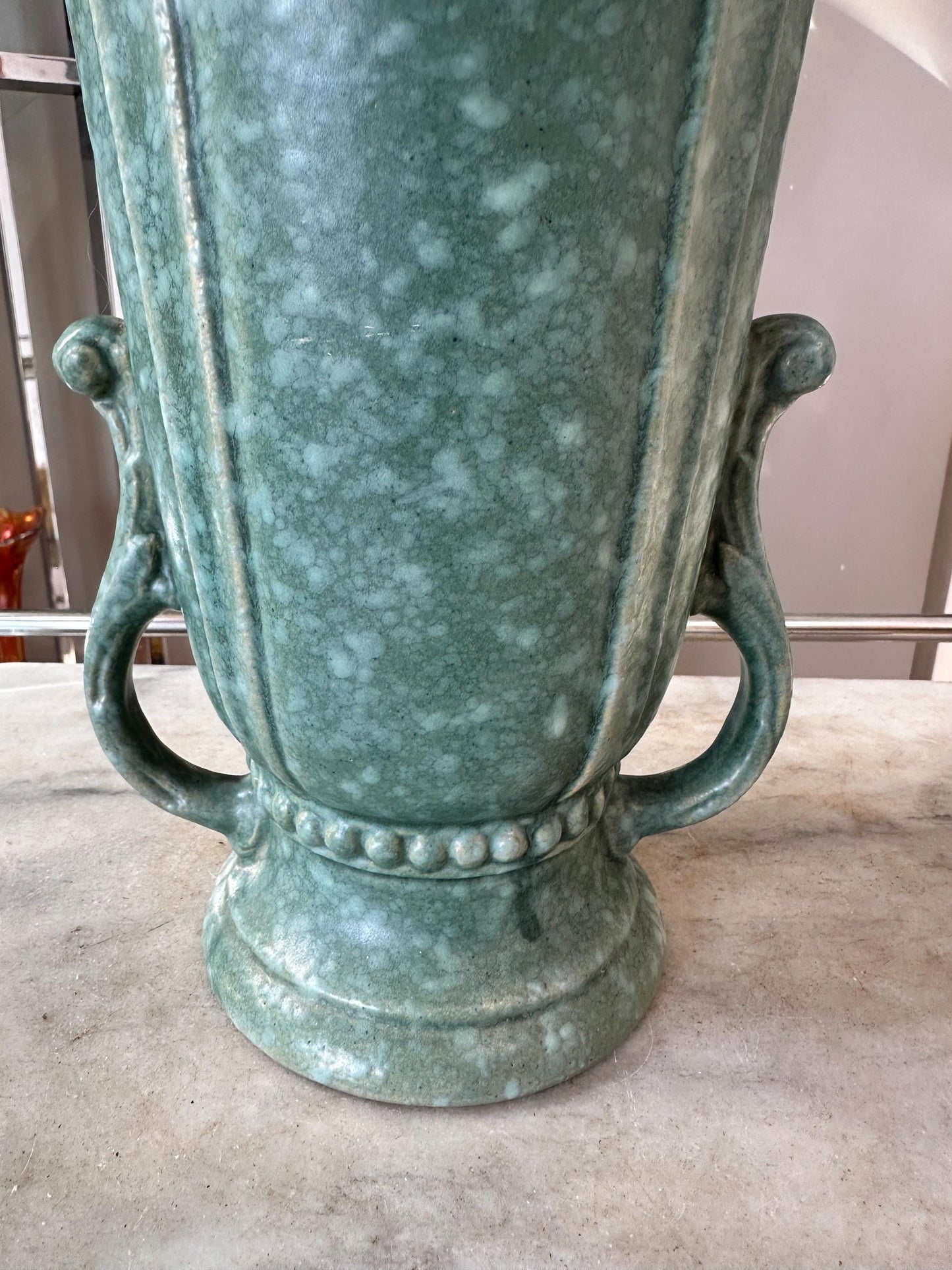 Vintage Robinson Ransbottom Victoria Green Marbled Vase – Art Deco Handled Pottery