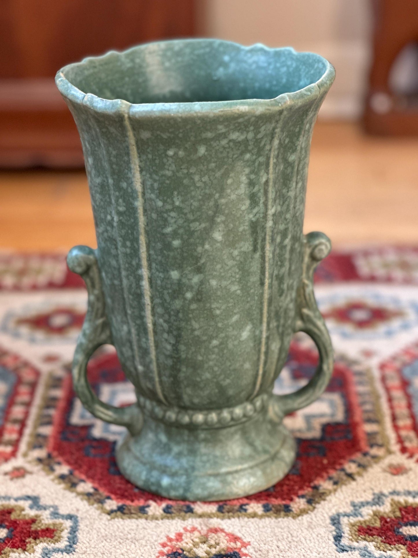 Vintage Robinson Ransbottom Victoria Green Marbled Vase – Art Deco Handled Pottery