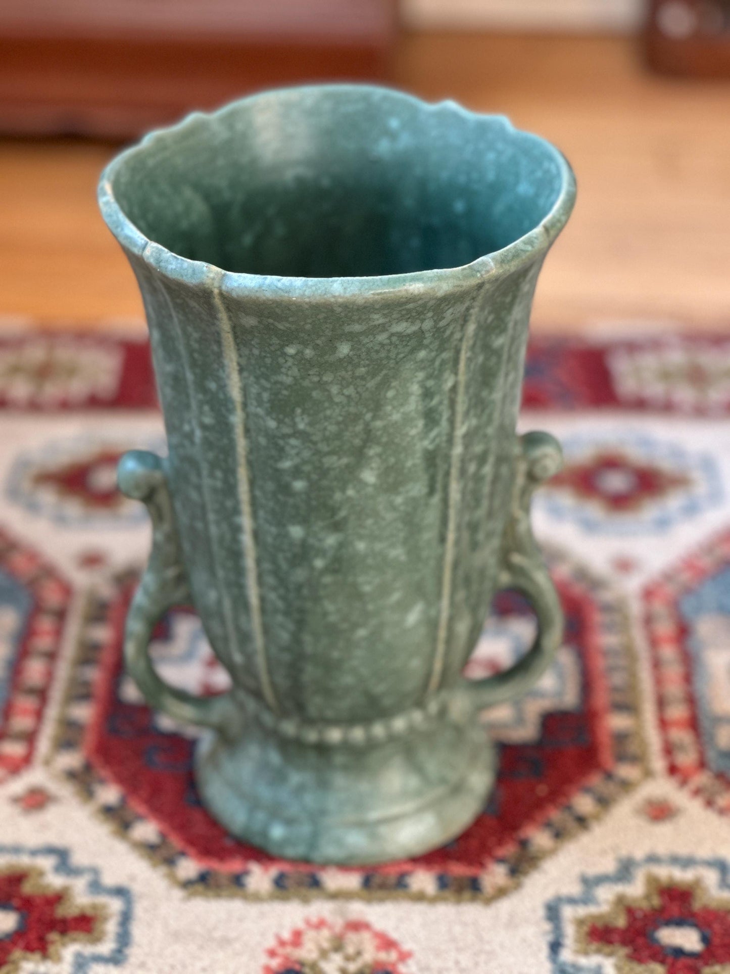 Vintage Robinson Ransbottom Victoria Green Marbled Vase – Art Deco Handled Pottery
