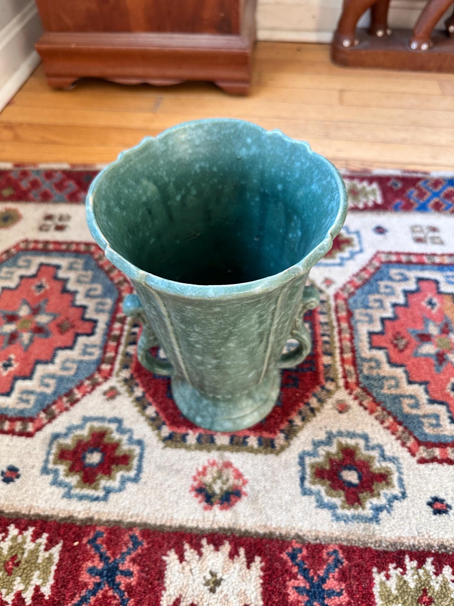 Vintage Robinson Ransbottom Victoria Green Marbled Vase – Art Deco Handled Pottery