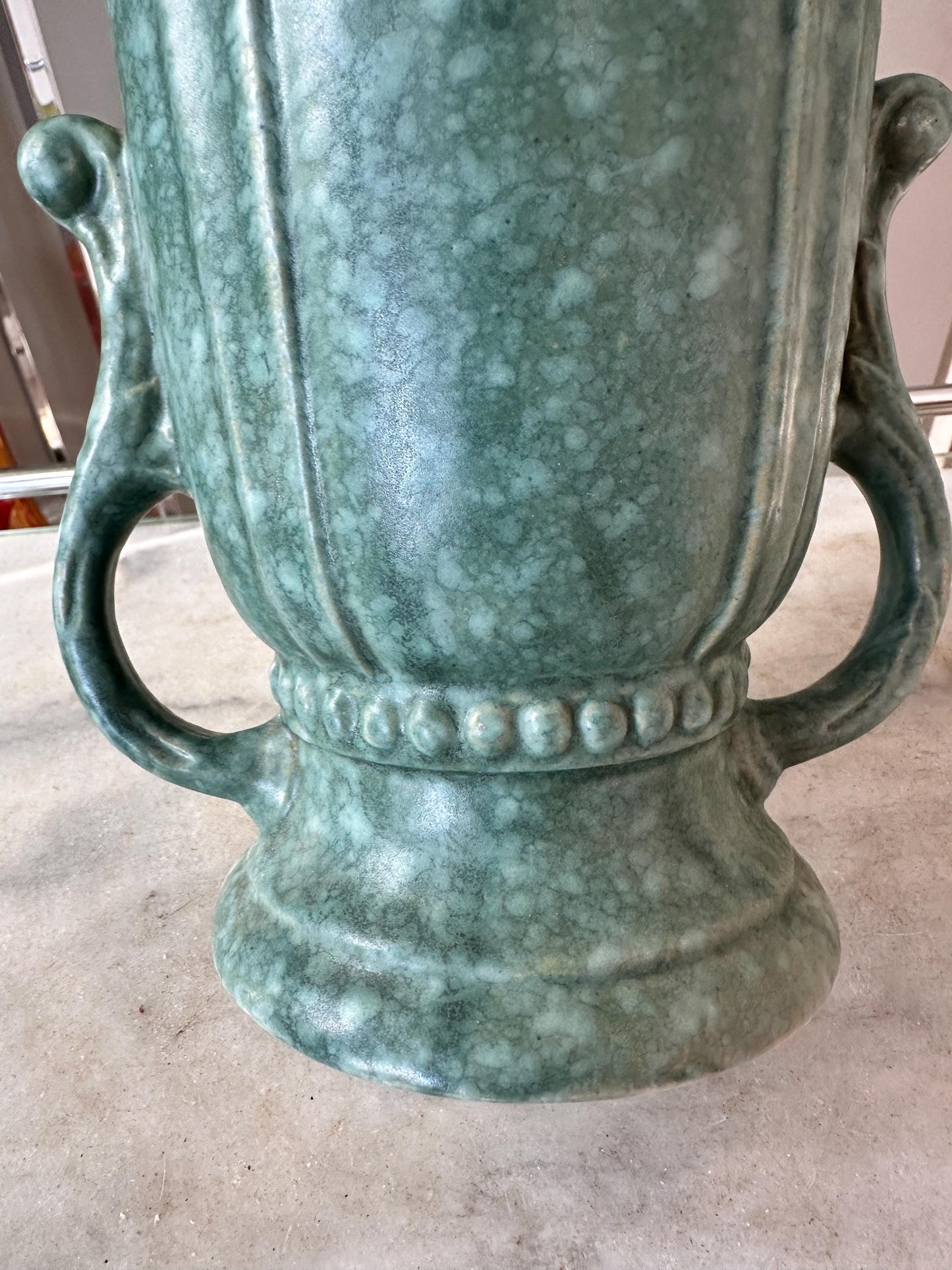 Vintage Robinson Ransbottom Victoria Green Marbled Vase – Art Deco Handled Pottery
