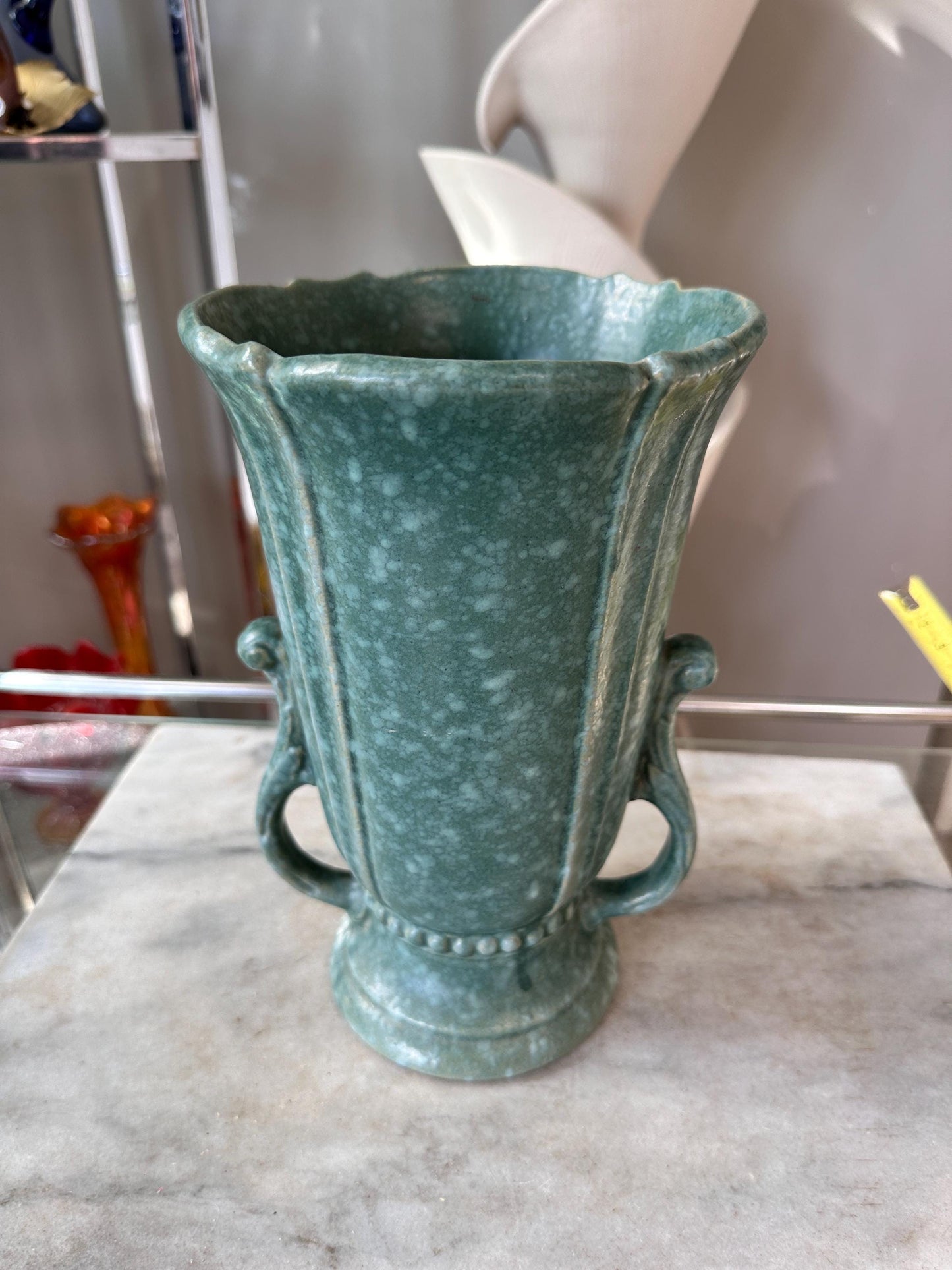 Vintage Robinson Ransbottom Victoria Green Marbled Vase – Art Deco Handled Pottery