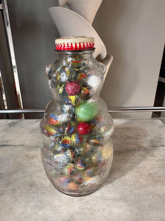 Vintage Snow Crest Glass Bear Bottle Bank with Marbles: Cat Eye Shooters
