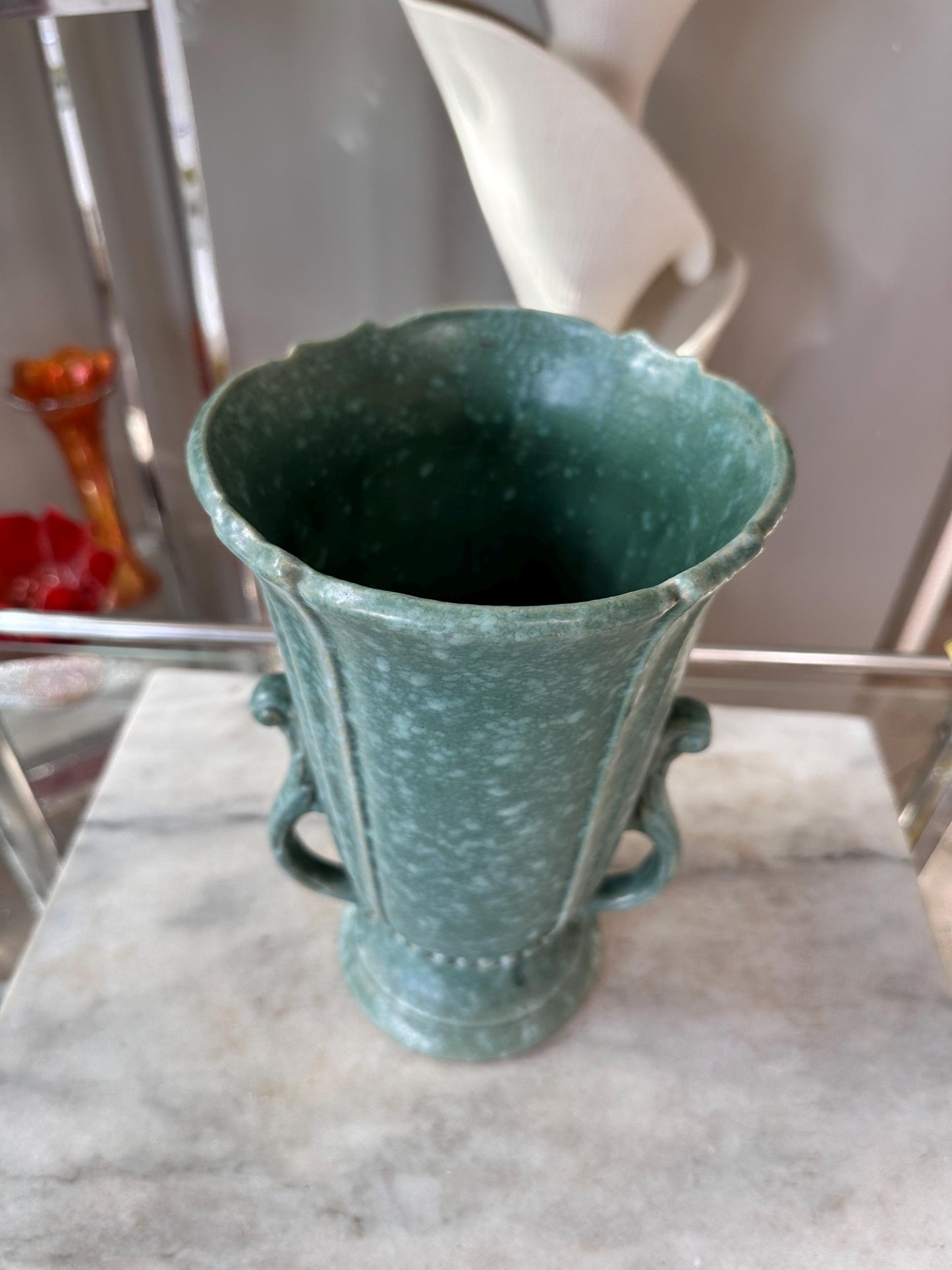 Vintage Robinson Ransbottom Victoria Green Marbled Vase – Art Deco Handled Pottery