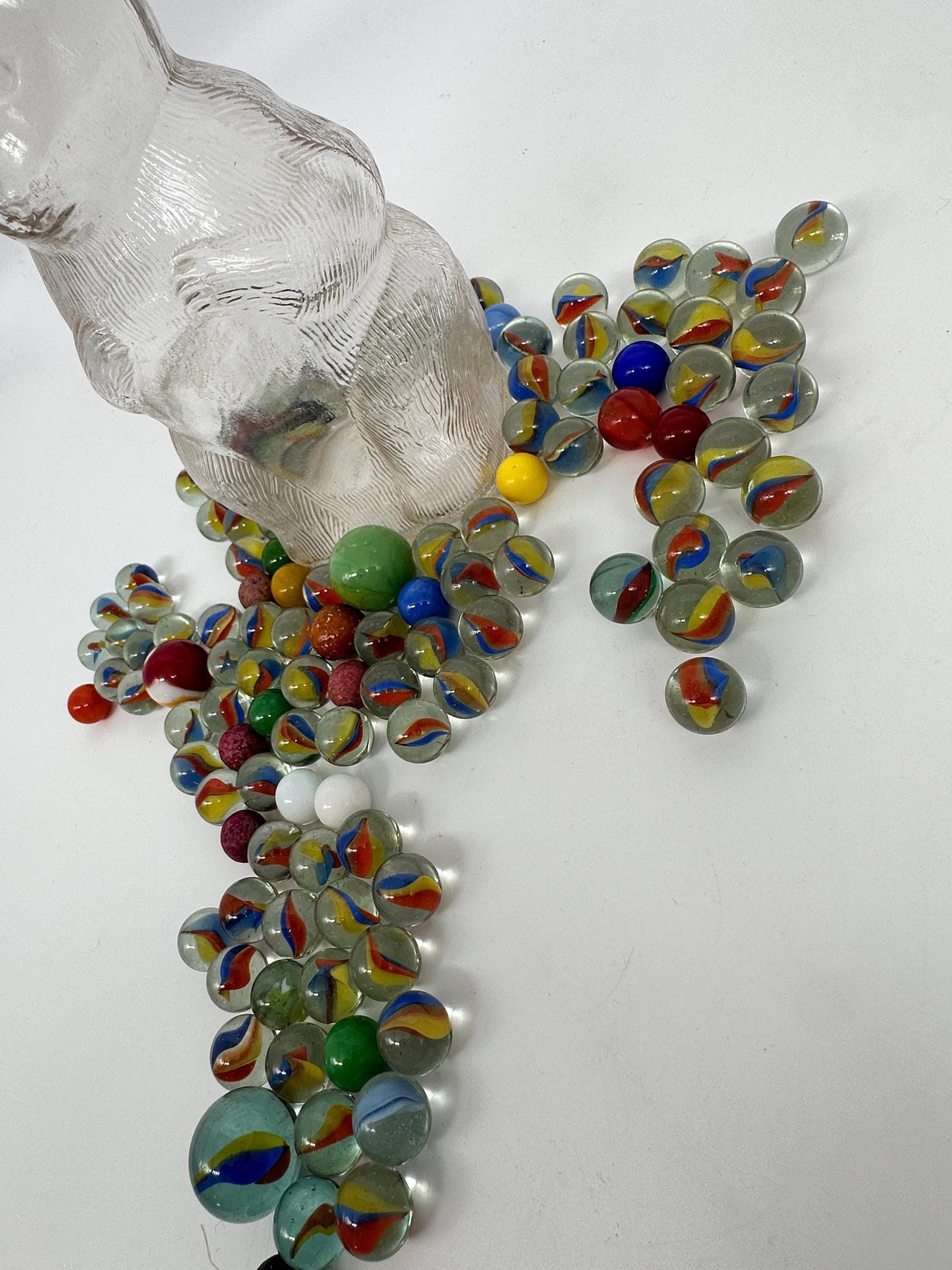 Vintage Snow Crest Glass Bear Bottle Bank with Marbles: Cat Eye Shooters