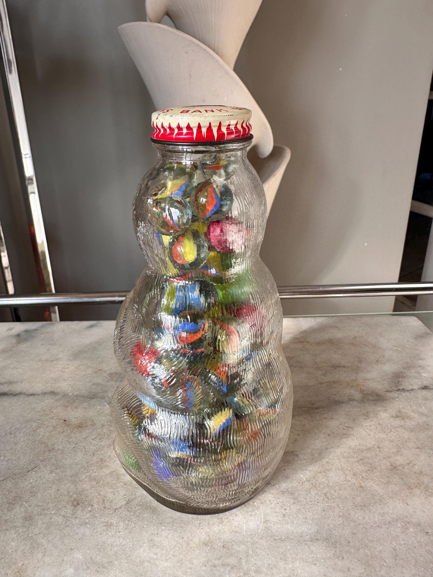 Vintage Snow Crest Glass Bear Bottle Bank with Marbles: Cat Eye Shooters