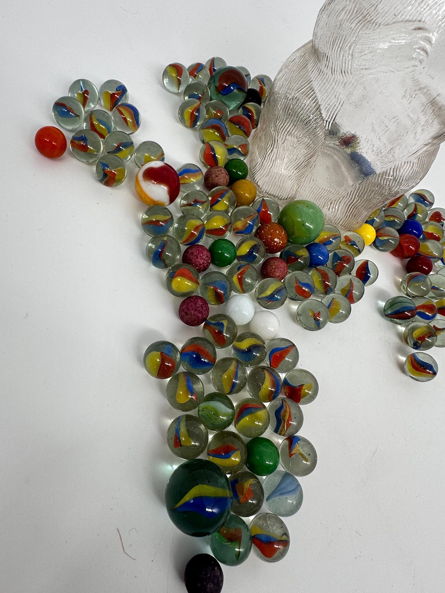 Vintage Snow Crest Glass Bear Bottle Bank with Marbles: Cat Eye Shooters