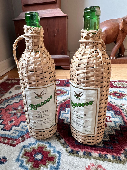 Roncoco Wicker Wrapped Liquor Bottles, Puerto Rican Rum, Set of 2, Spain Bar Decor