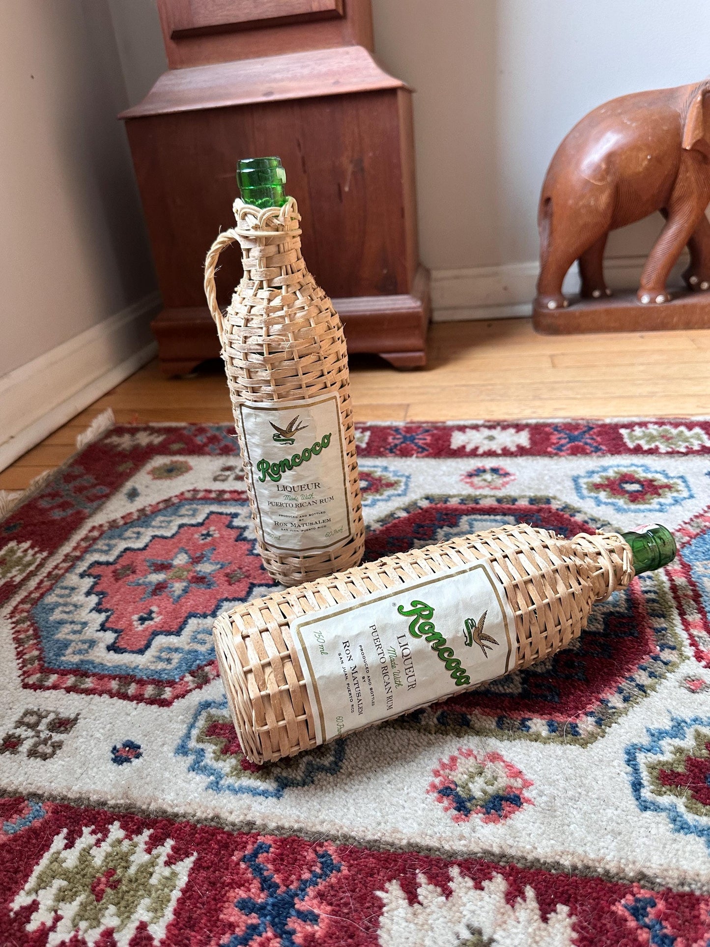 Roncoco Wicker Wrapped Liquor Bottles, Puerto Rican Rum, Set of 2, Spain Bar Decor